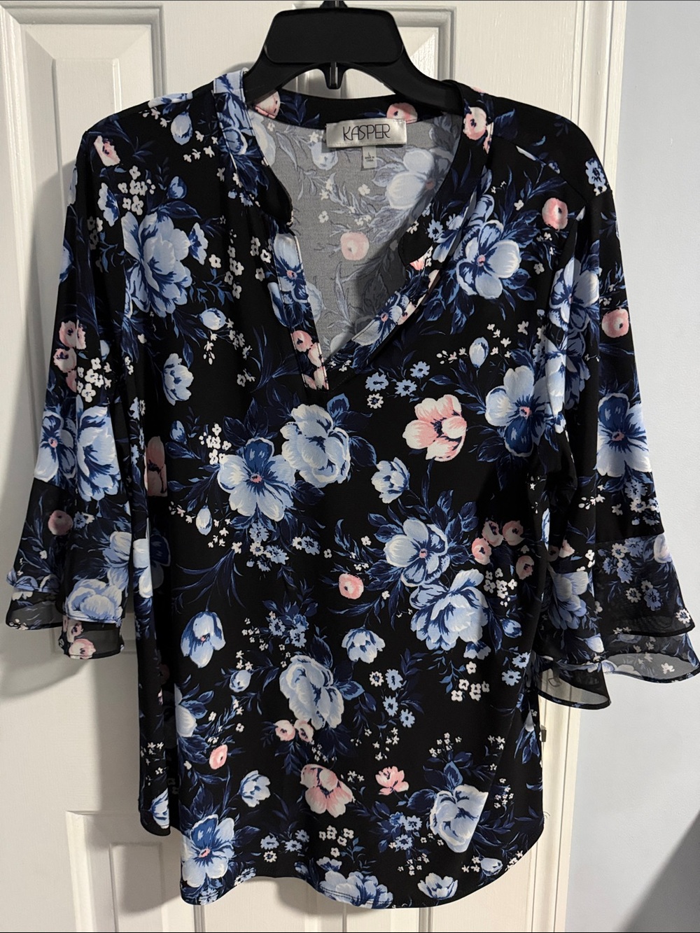 Kasper Black Floral V-Neck Blouse with Blue and Pink Blooms